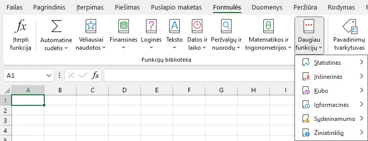 Excel funkcijų kategorijos
